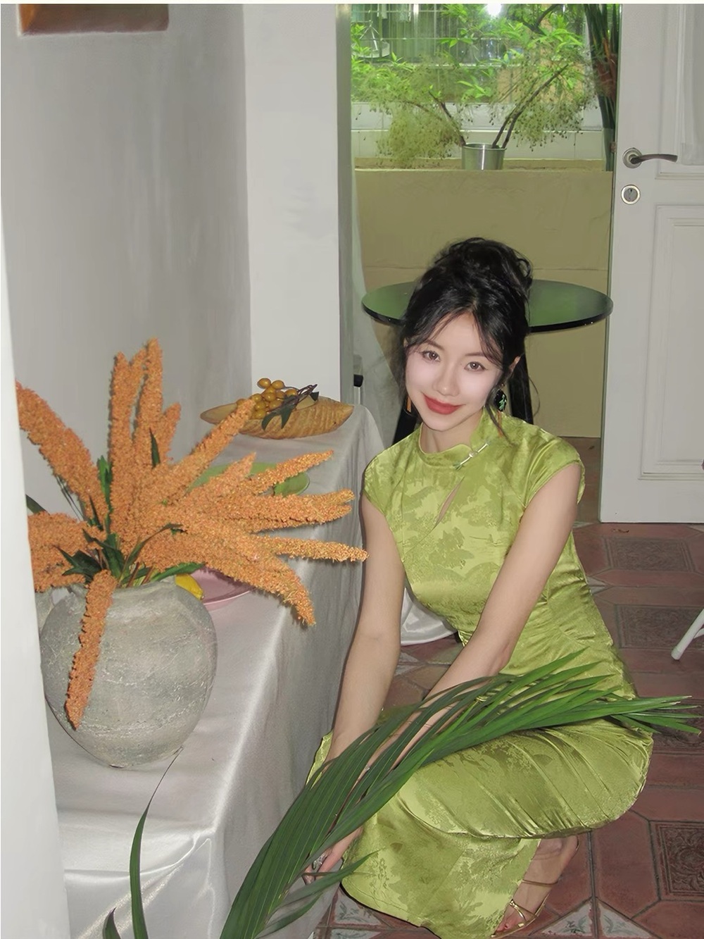 Green Floral Satin Cheongsam Midi Dress